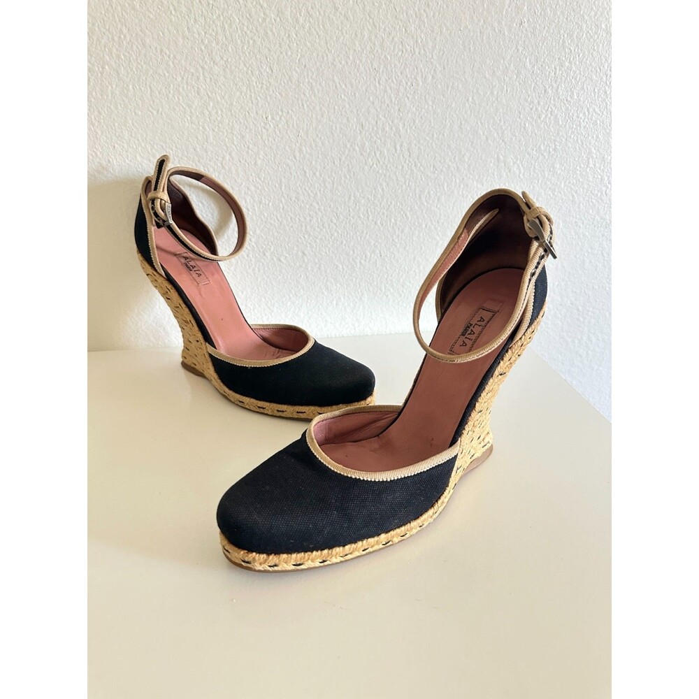 ALAIA Wedge Espadrille Sandals Canvas Almond Toe Ankle Strap Black Women's EU 38